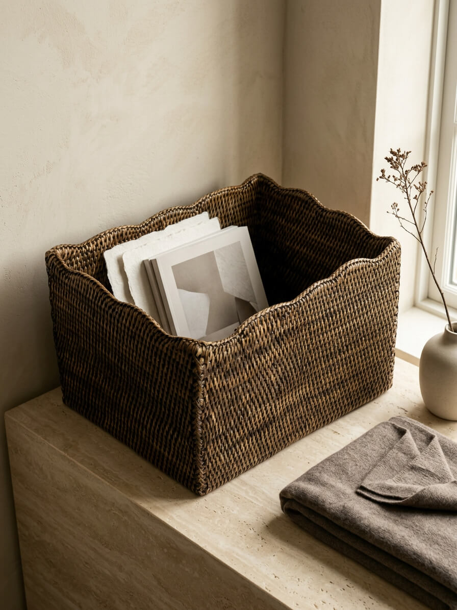 Alness Rattan Scalloped Basket - Antique Brown