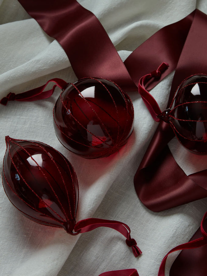Glitter Burgundy Glass Baubles - Set of 3