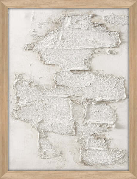 Textured Rocha Branca wall art featuring layered, stone-like forms in soft white tones, set in a natural oak frame.