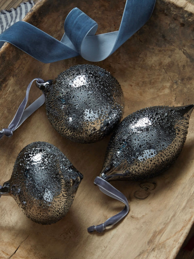 Textured Silver Glass Baubles - Set of 3