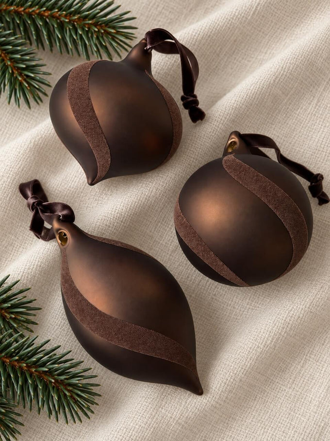 Velvet Swirl Chocolate Brown Glass Baubles - Set of 3