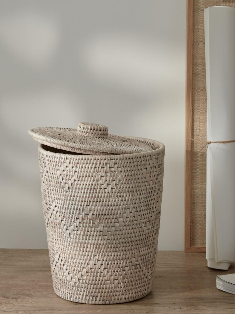 Lavan Rattan Lidded Waste Paper Basket - White