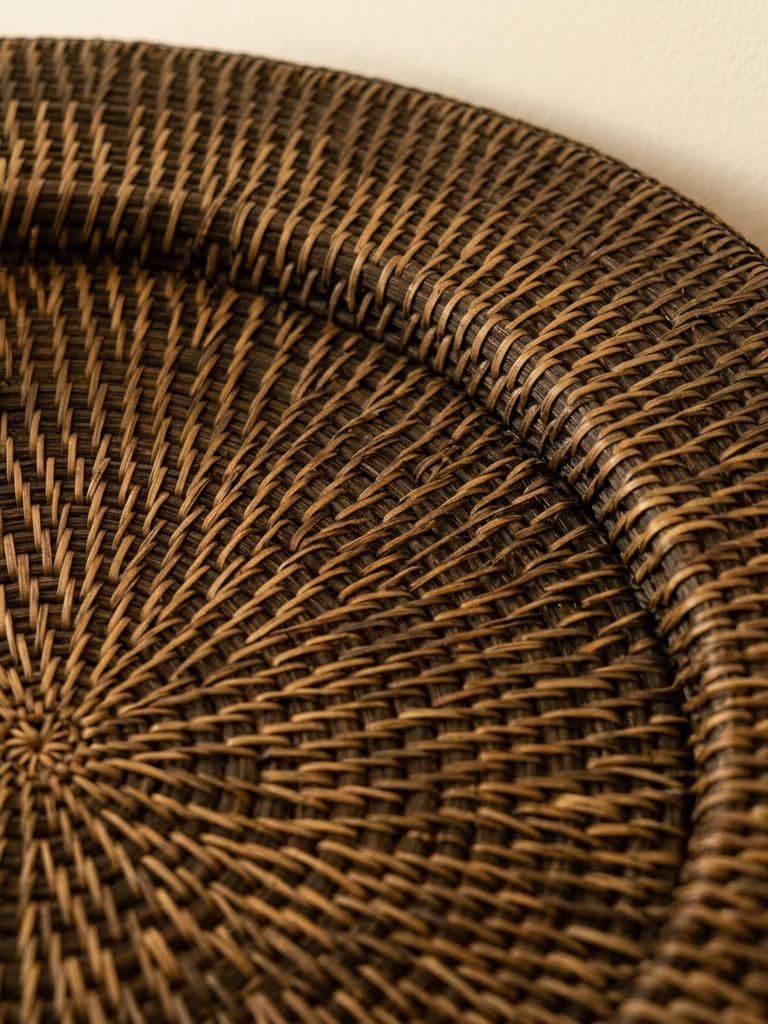 Close-up of Ratho antique brown rattan wall hanging highlighting handwoven craftsmanship and rich layered texture