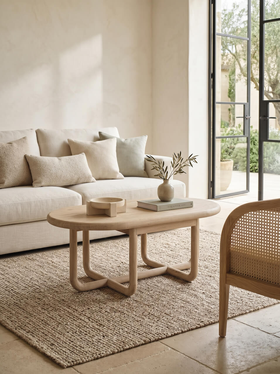 Warm neutral living room with a reclaimed wood coffee table, linen sofa and rattan chair