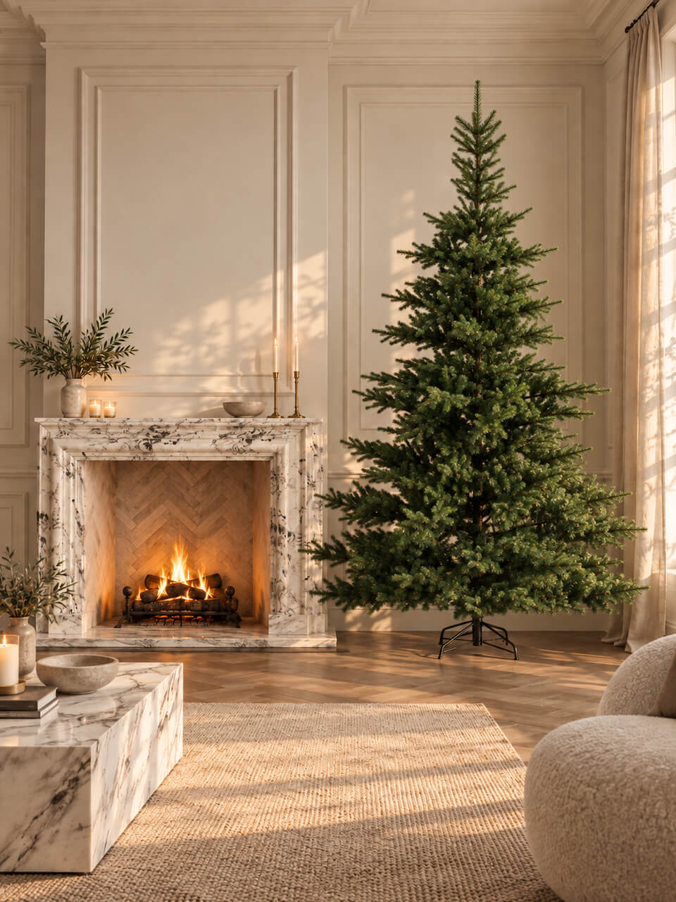 A tall, green artificial Christmas tree on a black metal stand, styled in a warm, elegant living room next to a marble fireplace with a lit fire.