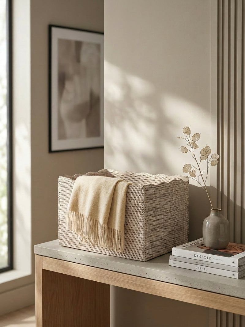 White rattan scalloped storage basket styled on console table with neutral decor, luxury woven basket for modern interiors UK