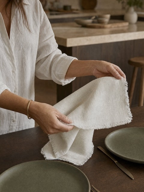 Person styling an antique white fringed linen napkin beside olive-green tableware on a dark wooden dining table.