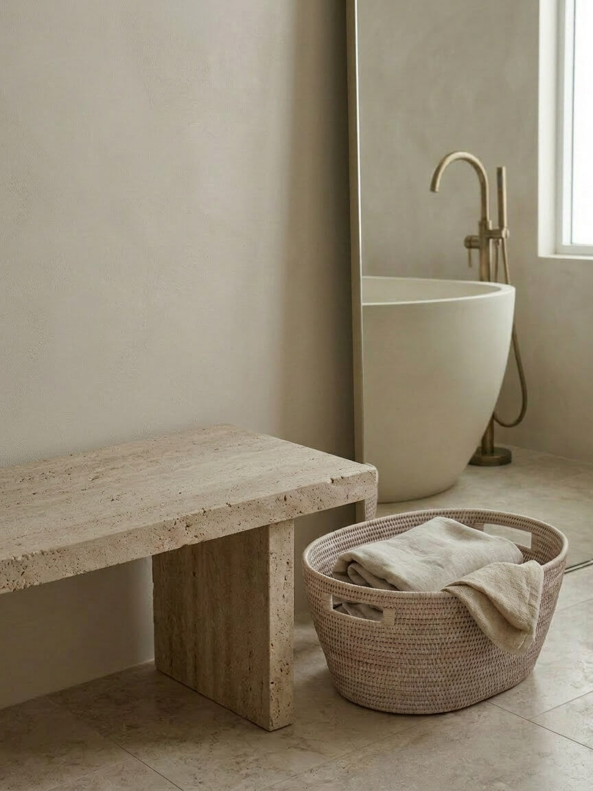 Medium white rattan storage basket Cesta with towels in modern bathroom setting, woven laundry basket neutral spa style UK