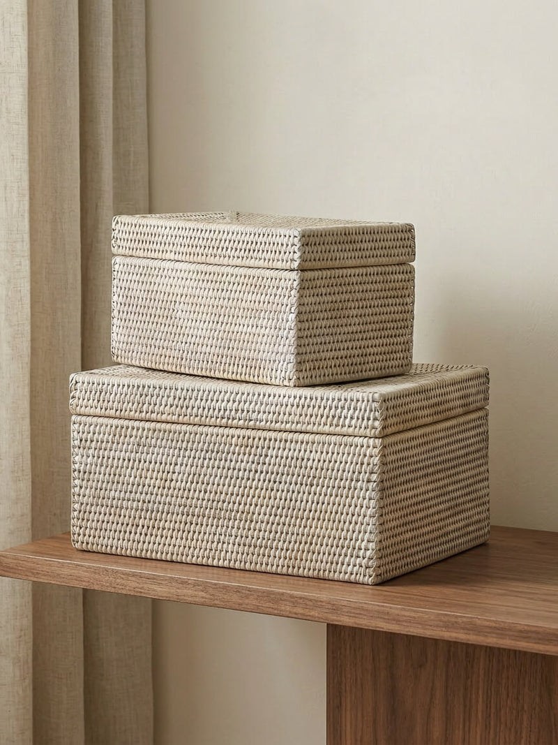 white rattan storage boxes stacked on wooden shelf in neutral living room