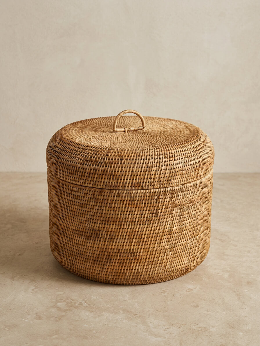 Ely natural round rattan storage box with lid, handwoven wicker basket in warm neutral tones for stylish home storage and organisation
