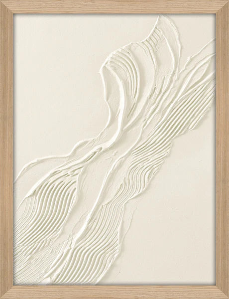 Fita Textured abstract wall art with flowing, ribbon-like patterns in soft neutral tones, framed in natural oak.