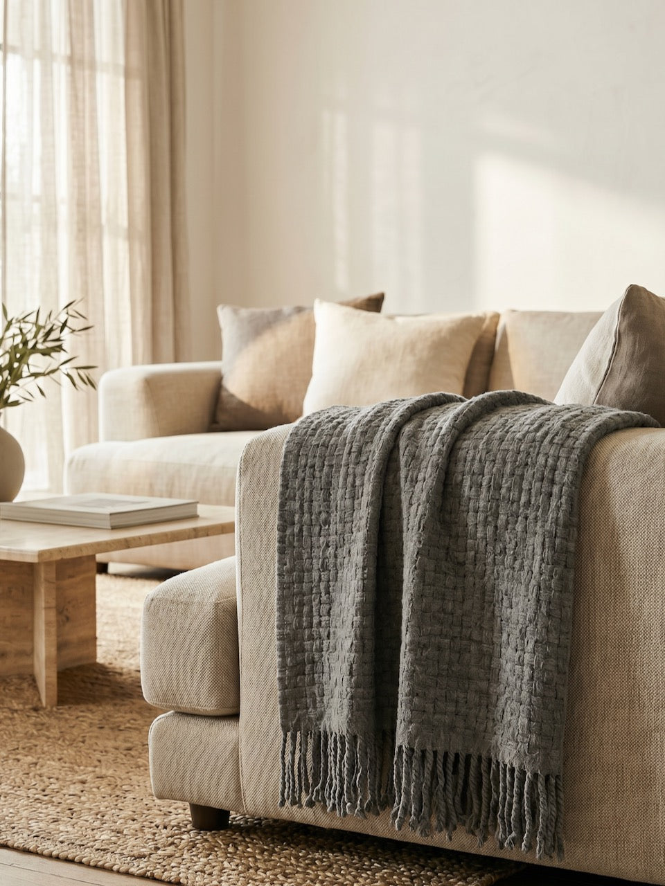 Grey Basket Weave Wool Throw