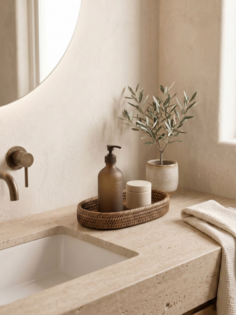 Jarra Rattan tray on Bathroom vanity with a sink, toiletries, and a plant in a neutral setting.