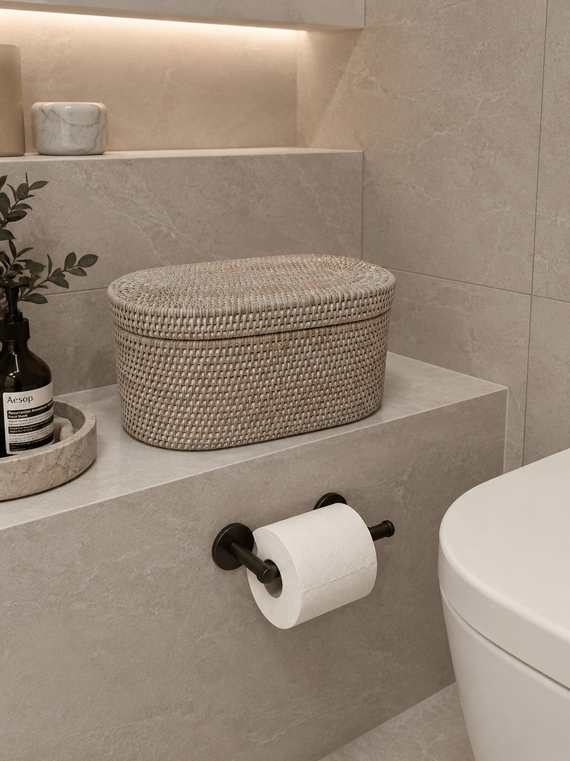 Bathroom setting with a Jarra rattan basket, toilet paper roll, and plant on a shelf.