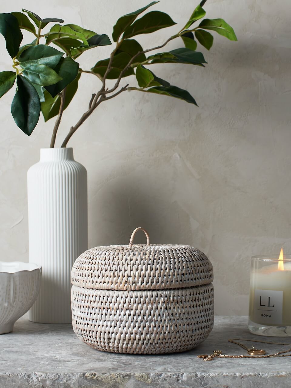 Ely Round Rattan Storage Box - White - Small