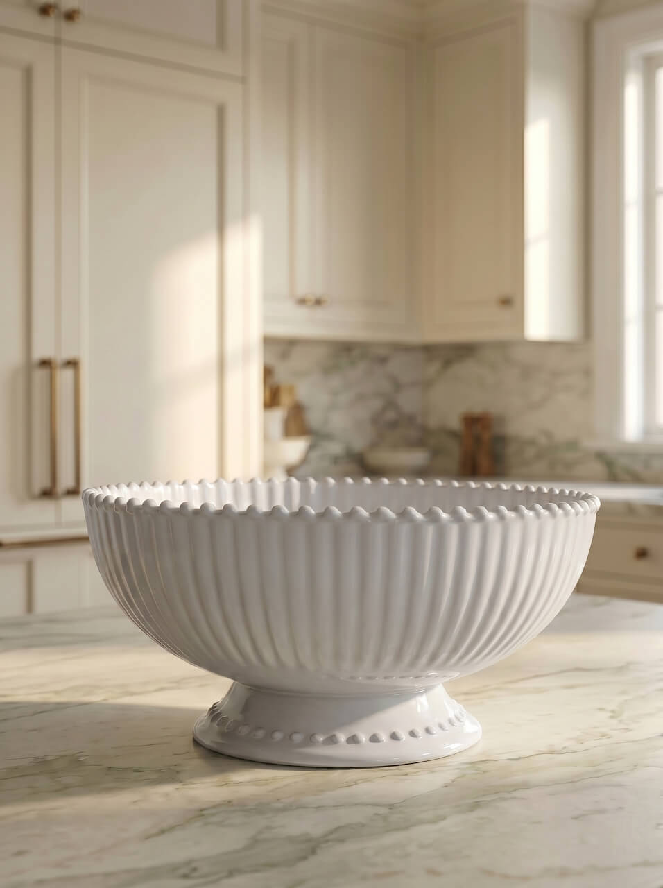 White decorative bowl on a marble countertop in a kitchen.