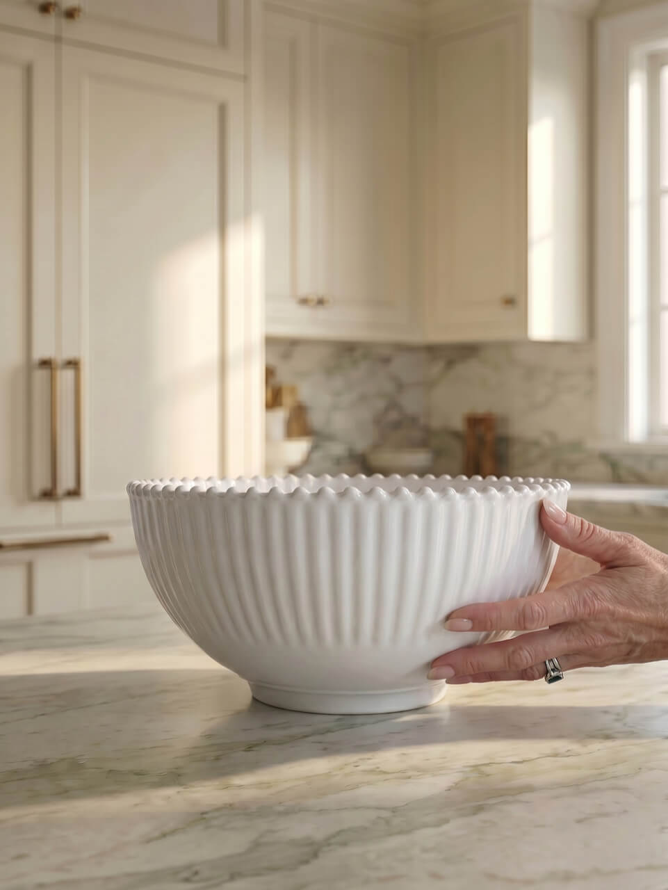 Large white ceramic bowl held by a hand in a kitchen setting