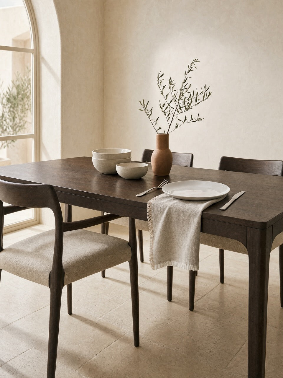 A dark wood dining table set with four Hampstead upholstered chairs, a putty linen napkin, white plates, bowls, and a terracotta vase with dried branches, styled in a warm, sunlit dining room.