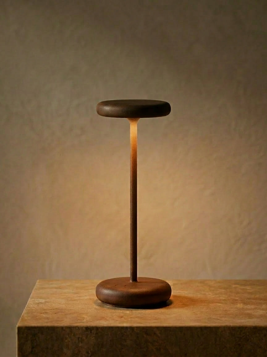 Lana rechargeable table lamp in corten with slim modern silhouette and warm light cordless dimmable lamp on wooden table minimalist design