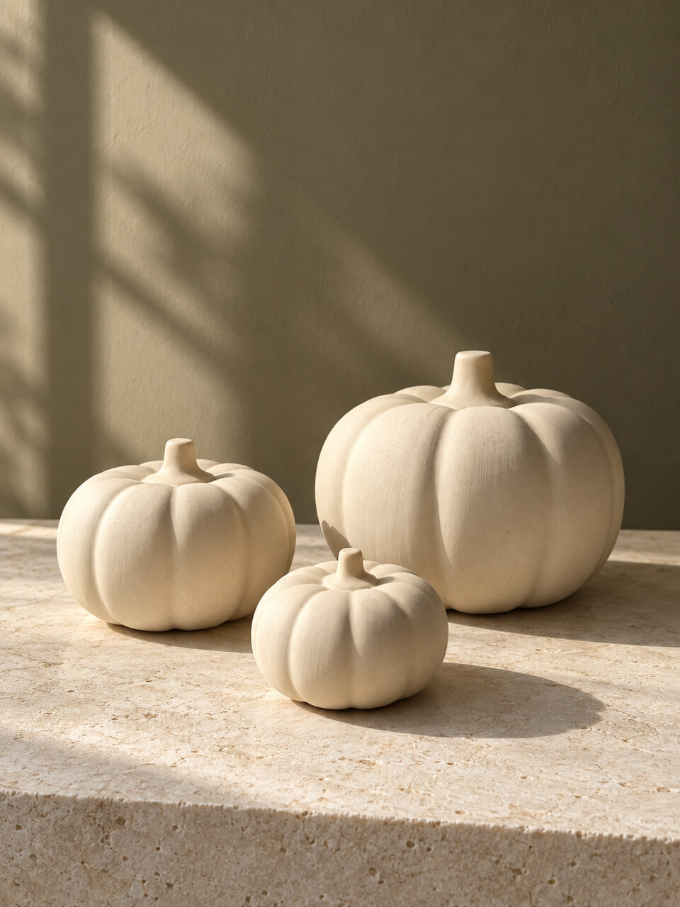 Three matte ceramic pumpkins in small, medium, and large sizes arranged on a stone surface against a textured beige wall with soft window shadow casting.