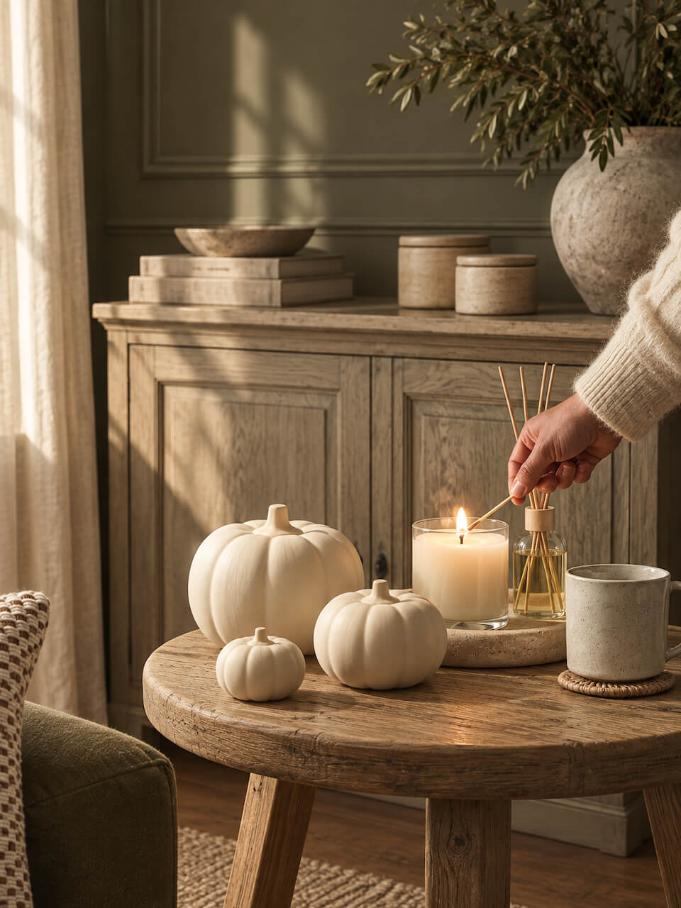 A styled autumn interior scene with a hand lighting a reed diffuser on a round wooden table beside three small cream pumpkins, a white pillar candle, and a ceramic mug. A wooden cabinet, curtains, and a vase with branches are visible in the background.