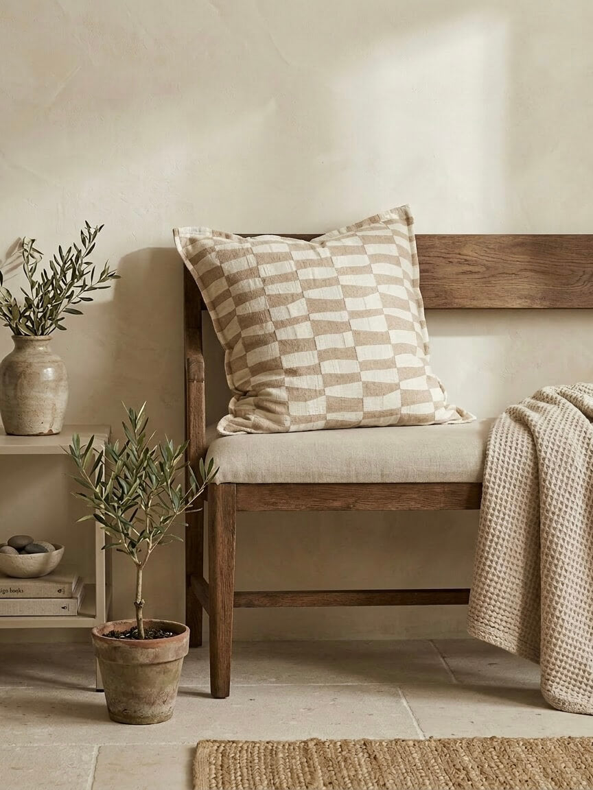 Caramel pattern cushion cover 65x65 cm with neutral checkered design on a wooden bench, styled with soft beige tones and textured throw blanket