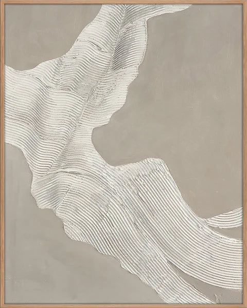 Textured abstract wall art featuring flowing linear patterns in soft neutral tones, framed in natural oak.
