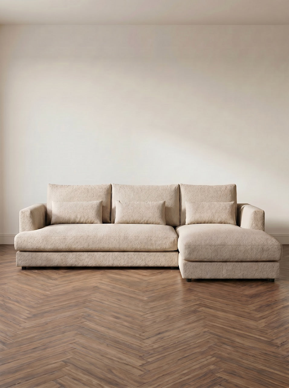 Neutral fabric sofa in a modern minimalist living room